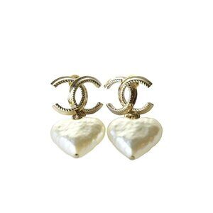 Chanel Pearl CC Heart Drop Earrings Gold